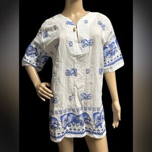 Whimsical Elephants 100% Cotton Split Neck PullOver Tunic By DA Collection Sz L